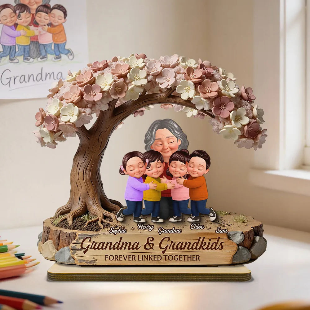 Personalized 2-Layer Wooden Plaque with Hugging Grandma & Grandkids Under Blossom Tree - Unique Family Keepsake Gift