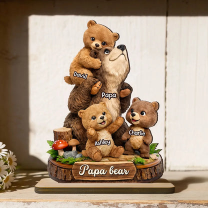 Personalized Papa Bear 2-Layer Wooden Plaque, Cute Bear Family Hugging Scene, Unique Father's Day Gift for Dad or Grandpa