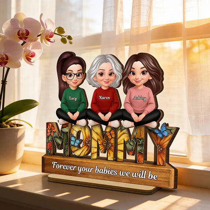 Personalized 2-Layer Wooden Plaque Mom Sign With Butterfly Art, Cute Cartoon Women Sitting, Unique Mother's Day Gift