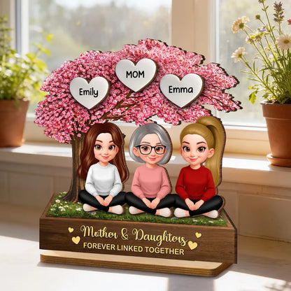 Personalized 2-Layer Wooden Plaque Mother & Daughter Under Pink Blossom Tree, Heartfelt Unique Gift for Mom