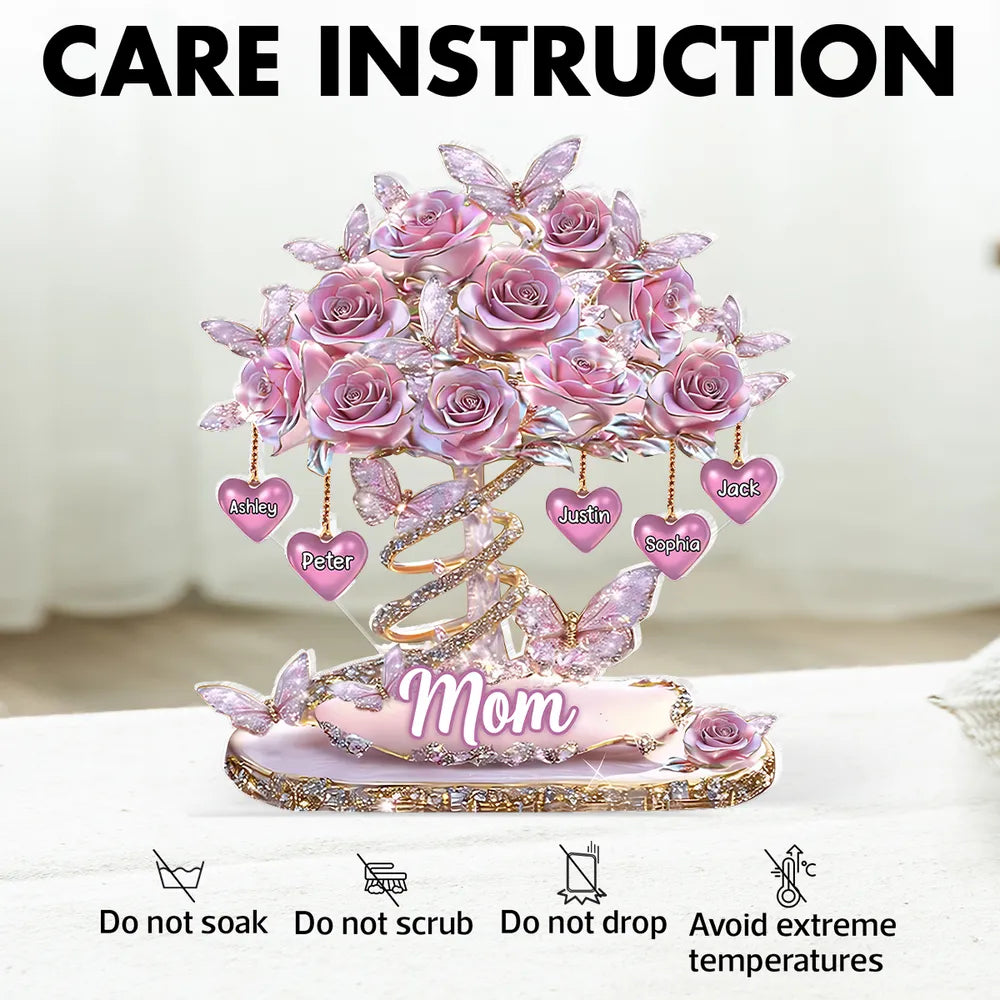 Personalized Heart Rose Tree Shaped Acrylic Block Plaque for Mom, Sparkly Butterfly Shelf Decor, Unique Gift