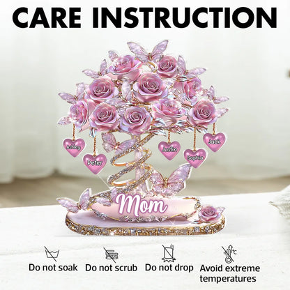 Personalized Heart Rose Tree Shaped Acrylic Block Plaque for Mom, Sparkly Butterfly Shelf Decor, Unique Gift