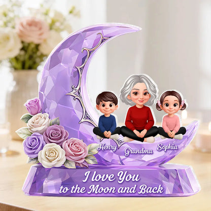 Personalized Shaped Acrylic Block Plaque with Grandma and Grandkids on a Purple Moon, Unique Gift for Grandma, I Love You to the Moon and Back