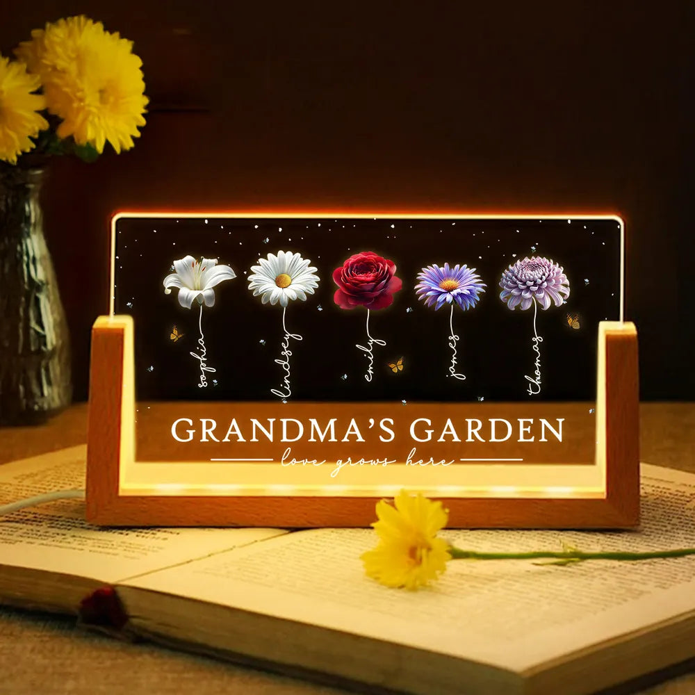 Personalized Grandma's Garden LED Light Frame With Birth Flowers, Cozy Nightstand Glow, Unique Gift For Grandma