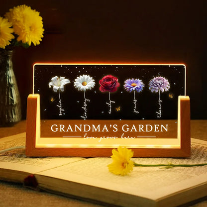 Personalized Grandma's Garden LED Light Frame With Birth Flowers, Cozy Nightstand Glow, Unique Gift For Grandma