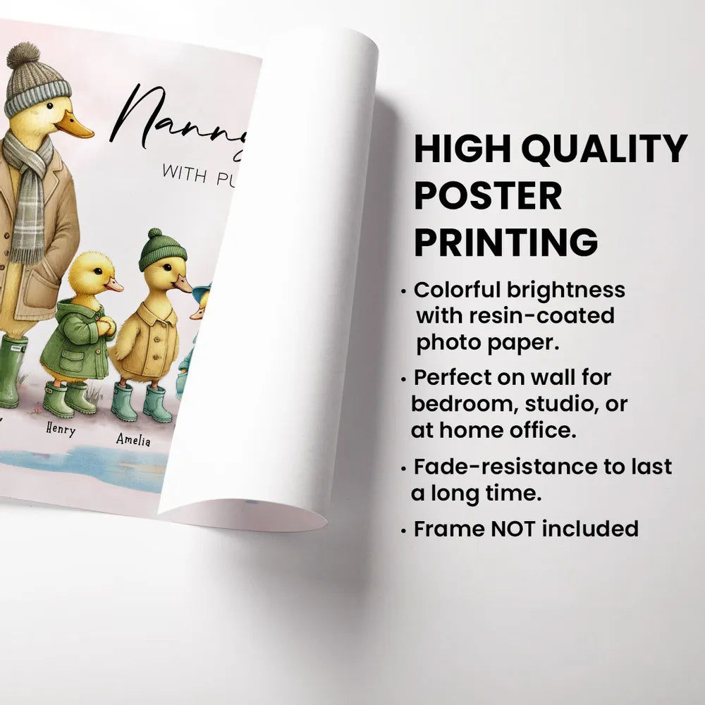 Personalized Nanny's Flock Poster, Cute Duck Family Wall Art, Unique Gift for Grandma or Nana, Warm Modern Decor