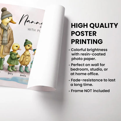 Personalized Nanny's Flock Poster, Cute Duck Family Wall Art, Unique Gift for Grandma or Nana, Warm Modern Decor