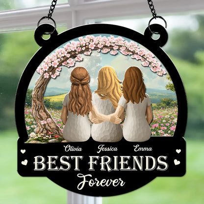 Personalized Wood and Acrylic Layered Ornament Best Friends Forever, Back View Hugging Friends in Wildflower Meadow, Unique Gift