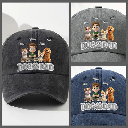 Personalized Unstructured Washed Cotton Cap With Cartoon Dog Dad Art, Unique Gift for Dog Lover