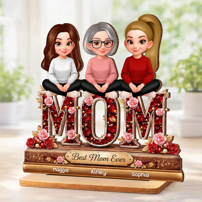 Personalized 2-Layer Wooden Plaque Mom with Daughters Sitting on MOM Roses Best Mom Ever Unique Gift for Mom or Grandma