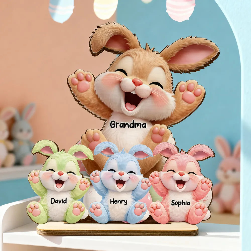 Personalized 2-Layer Wooden Plaque with Grandma Bunny and Little Bunnies Easter Table Decor, Unique Gift for Grandma