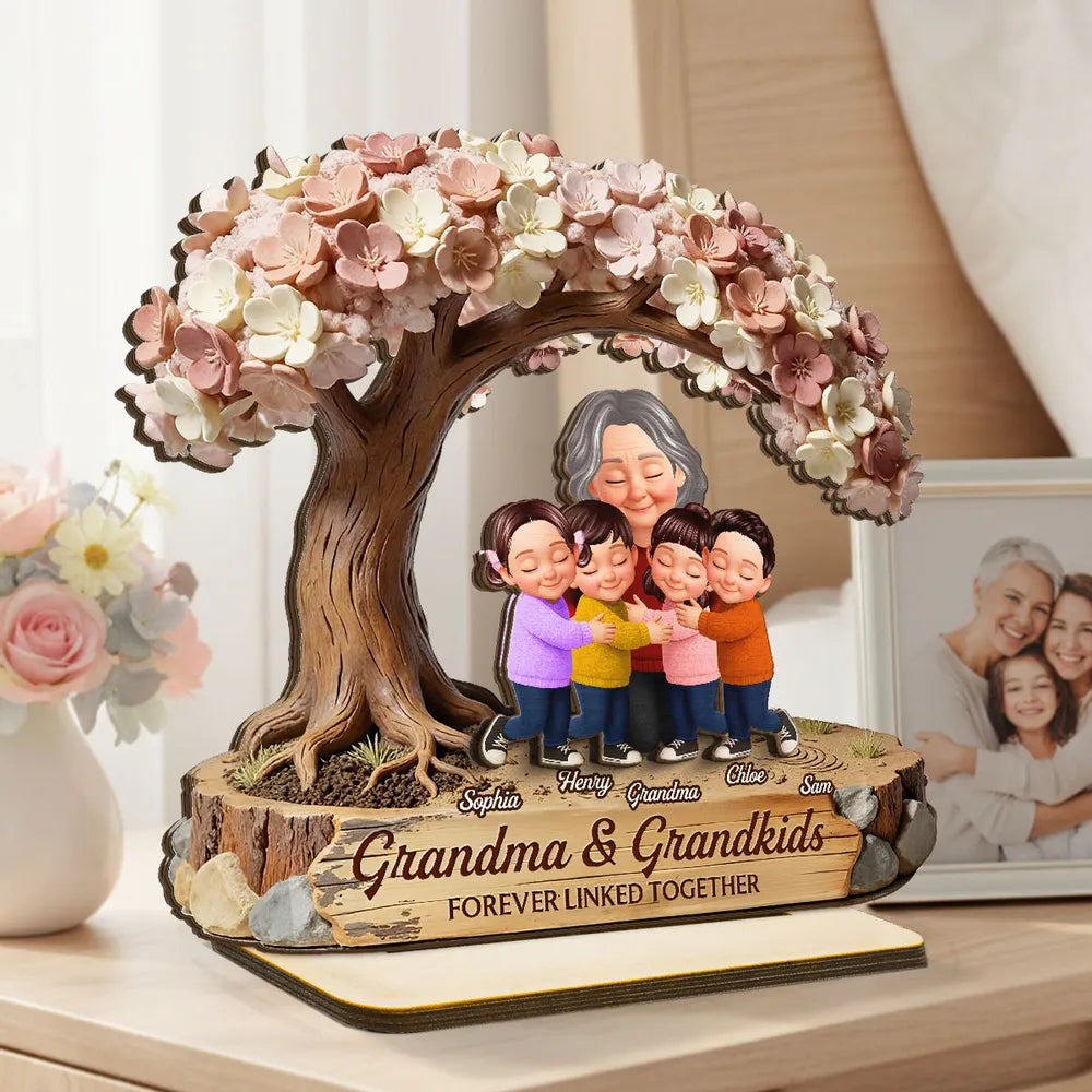 Personalized 2-Layer Wooden Plaque with Hugging Grandma & Grandkids Under Blossom Tree - Unique Family Keepsake Gift