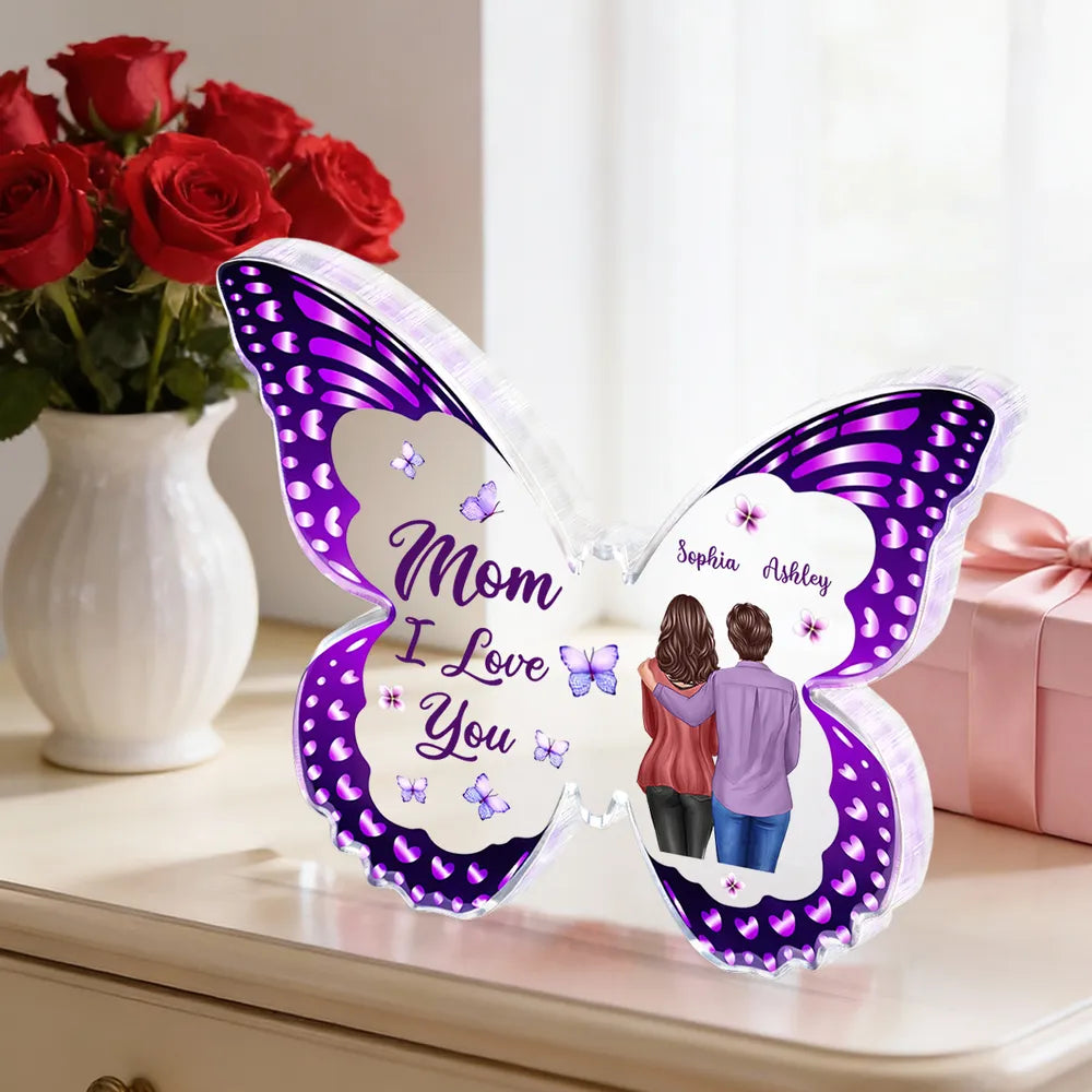 Personalized Butterfly Shaped Acrylic Block Plaque, Mom I Love You Gift, Hugging Mom & Daughter Keepsake for Shelf Decor