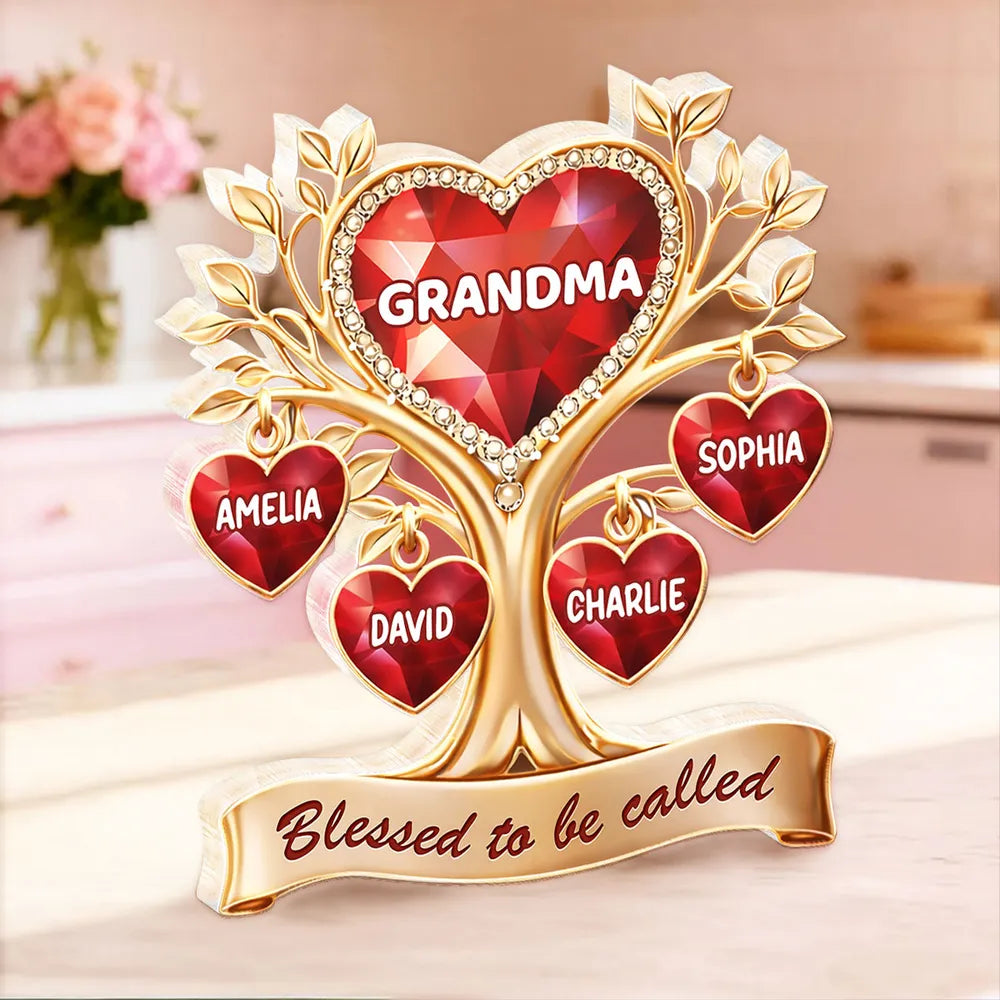 Personalized Shaped Acrylic Block Plaque Heart Family Tree for Grandma, 'Blessed to be called' Keepsake, Unique Gift