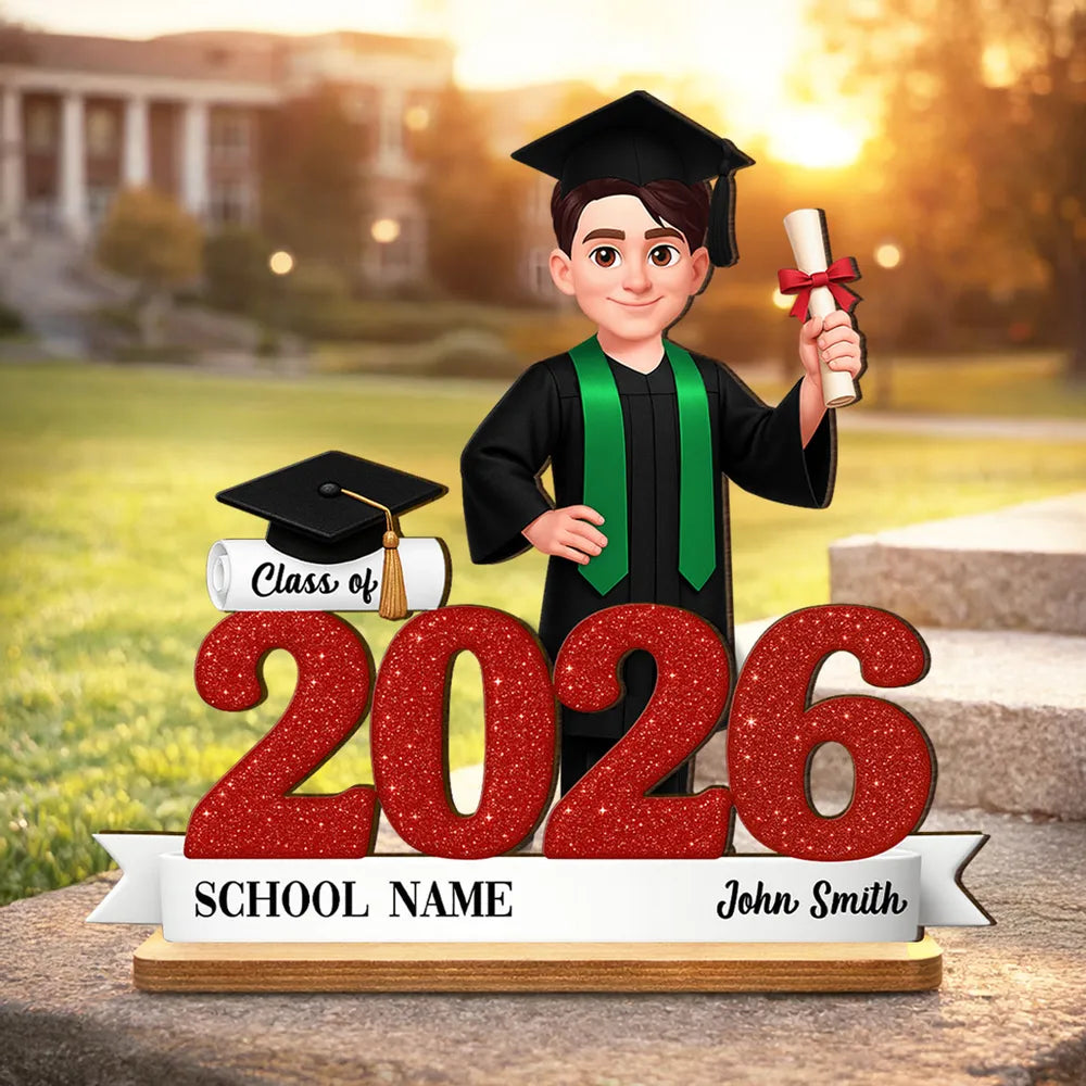 Custom Class Celebration 2-Layer Wooden Plaque, Cute Graduate Figure and Glitter Year Sign, Heartfelt Gift for Grad