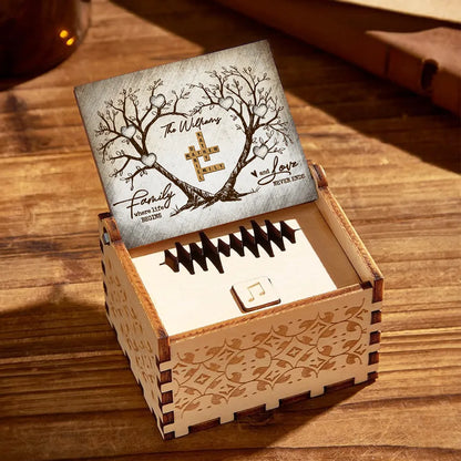 Personalized Wooden Music Box with Heart Tree Crossword Design for Family Keepsake, Unique Gift for Mom Dad Couple