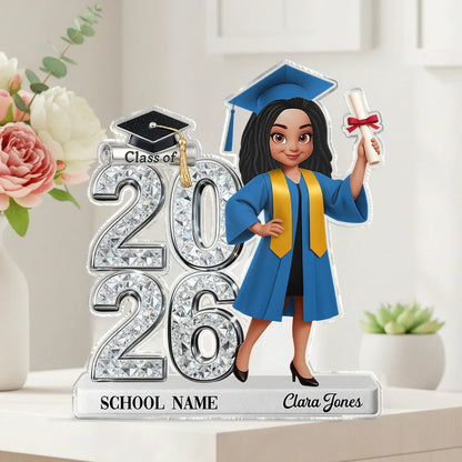 Personalized Graduation 2-Layer Wooden Plaque, Class of 2026 Cartoon Graduate Holding Diploma, Unique Gift for Her Him
