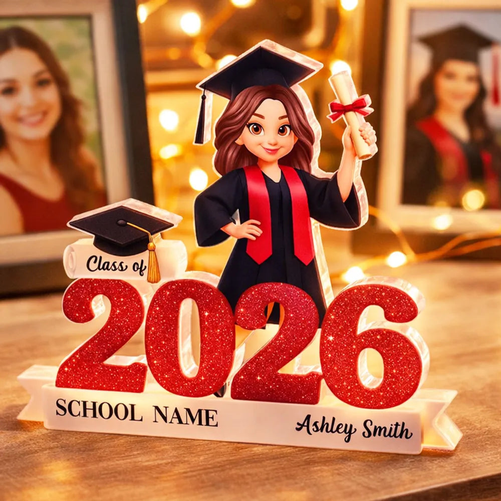 Personalized Class of Graduation Shaped Acrylic Block Plaque, Cute Grad Holding Diploma Shelf Decor, Unique Gift