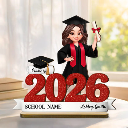 Custom Class Celebration 2-Layer Wooden Plaque, Cute Graduate Figure and Glitter Year Sign, Heartfelt Gift for Grad