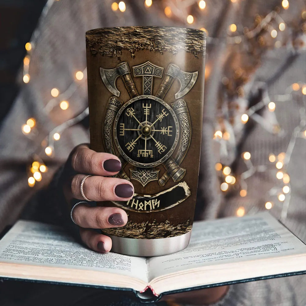 Insulated Travel Tumbler, Personalized Viking Axes and Runic Compass Art, Creative Gift for Coffee Lovers