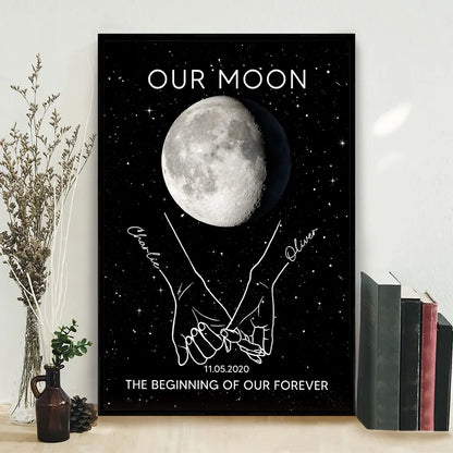 Personalized Moon Phase Couple Holding Hands Line Art Poster, Romantic Starry Night Wall Decor, Unique Gift