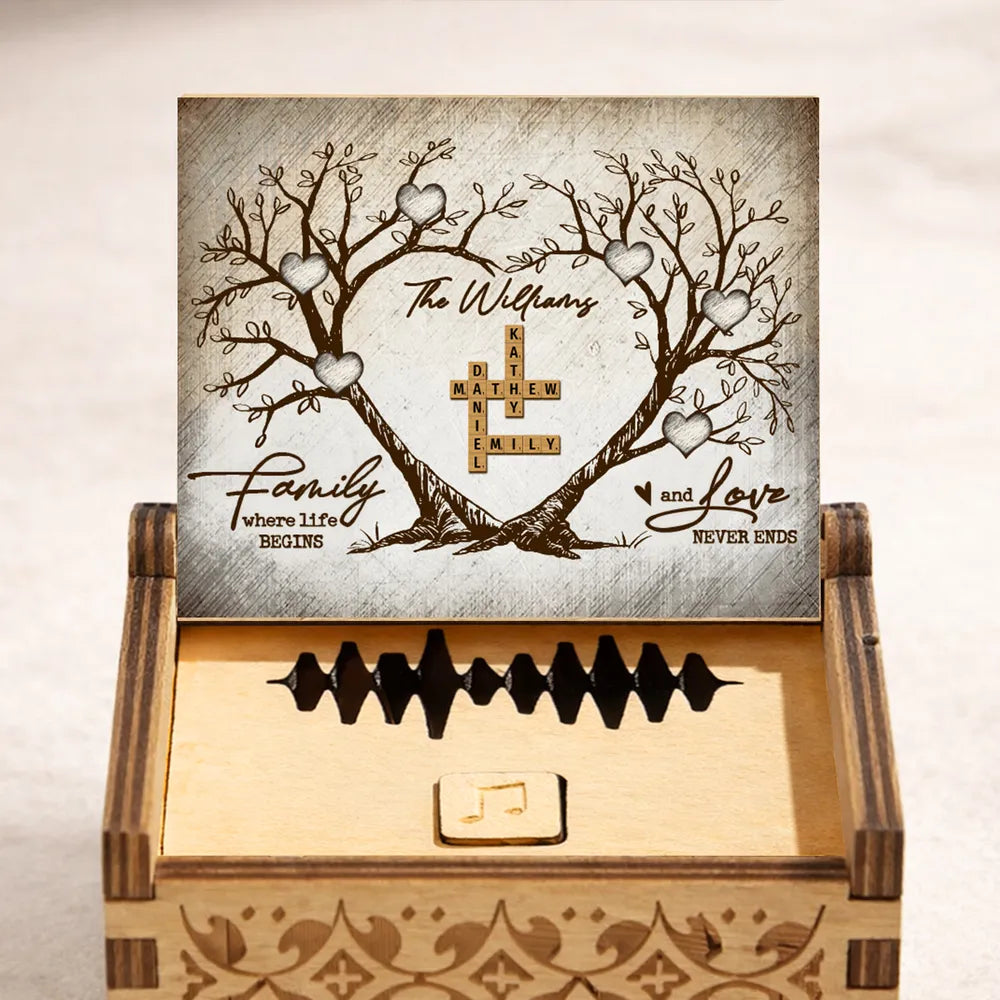 Personalized Wooden Music Box with Heart Tree Crossword Design for Family Keepsake, Unique Gift for Mom Dad Couple
