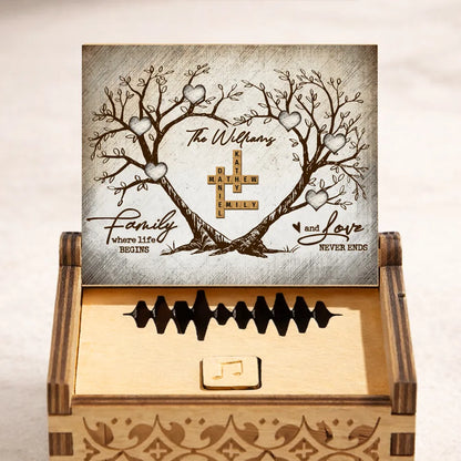 Personalized Wooden Music Box with Heart Tree Crossword Design for Family Keepsake, Unique Gift for Mom Dad Couple