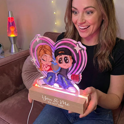 Personalized Shaped Acrylic Block LED Plaque Cute Cartoon Couple in Heart Glow Romantic Unique Gift for Girlfriend or Boyfriend