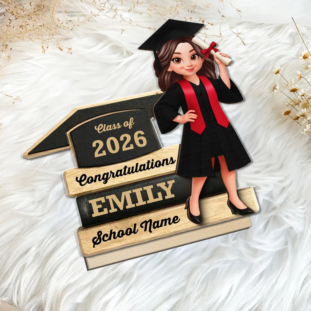 Personalized Graduation 2-Layer Wooden Plaque, Cartoon Grad Holding Diploma, Warm Wood Look, Unique Creative Gift