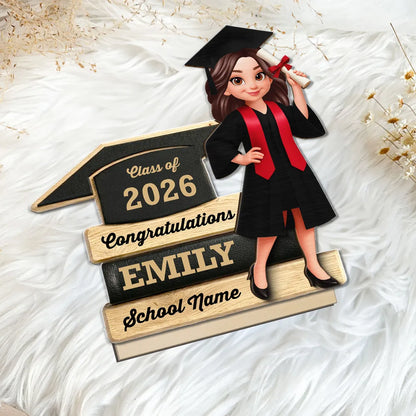 Personalized Graduation 2-Layer Wooden Plaque, Cartoon Grad Holding Diploma, Warm Wood Look, Unique Creative Gift