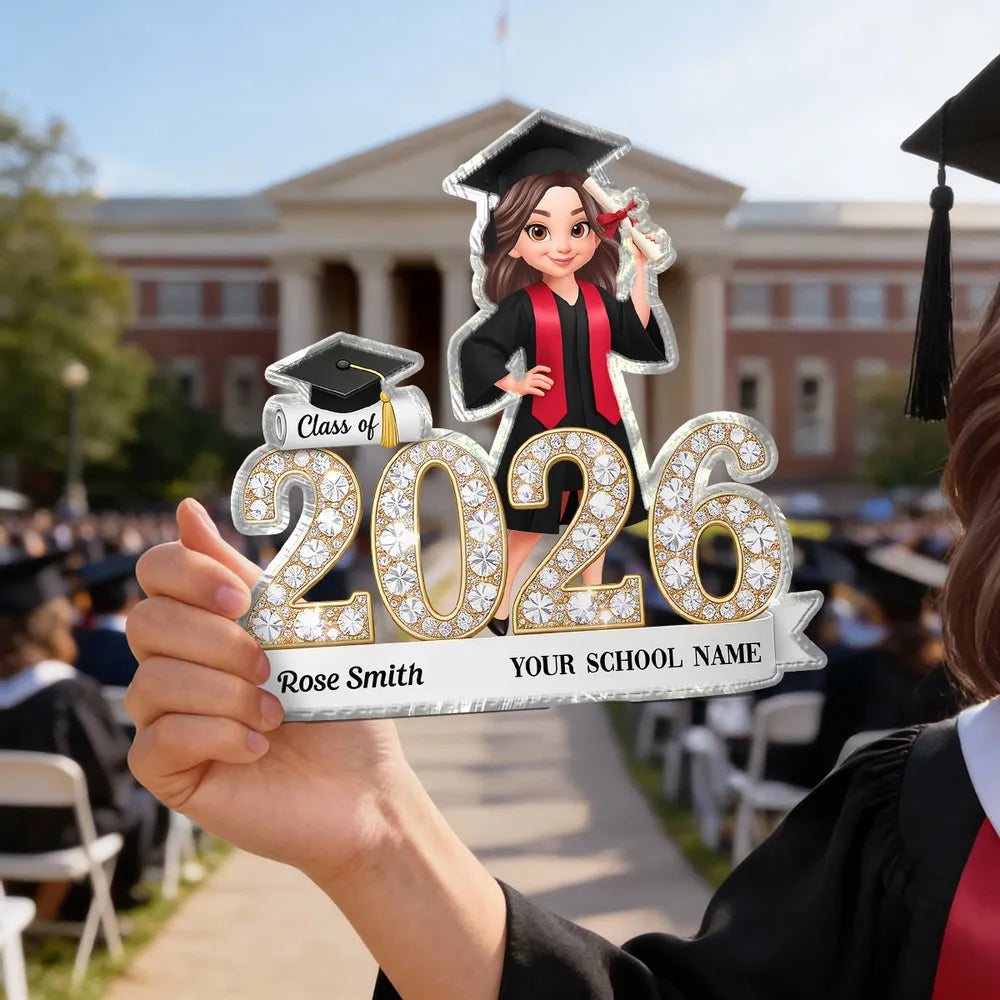 Shaped Acrylic Block Plaque Sparkly Class Of Grad Girl Holding Diploma ...