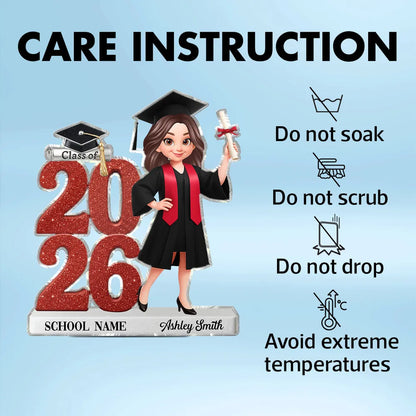 Personalized Shaped Acrylic Block Plaque Graduation Decor, Cute Cartoon Grad Holding Diploma, Unique Gift