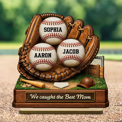Personalized 2-Layer Wooden Plaque Baseball Glove Design for Mom, We Caught the Best Mom, Unique Gift for Baseball Families