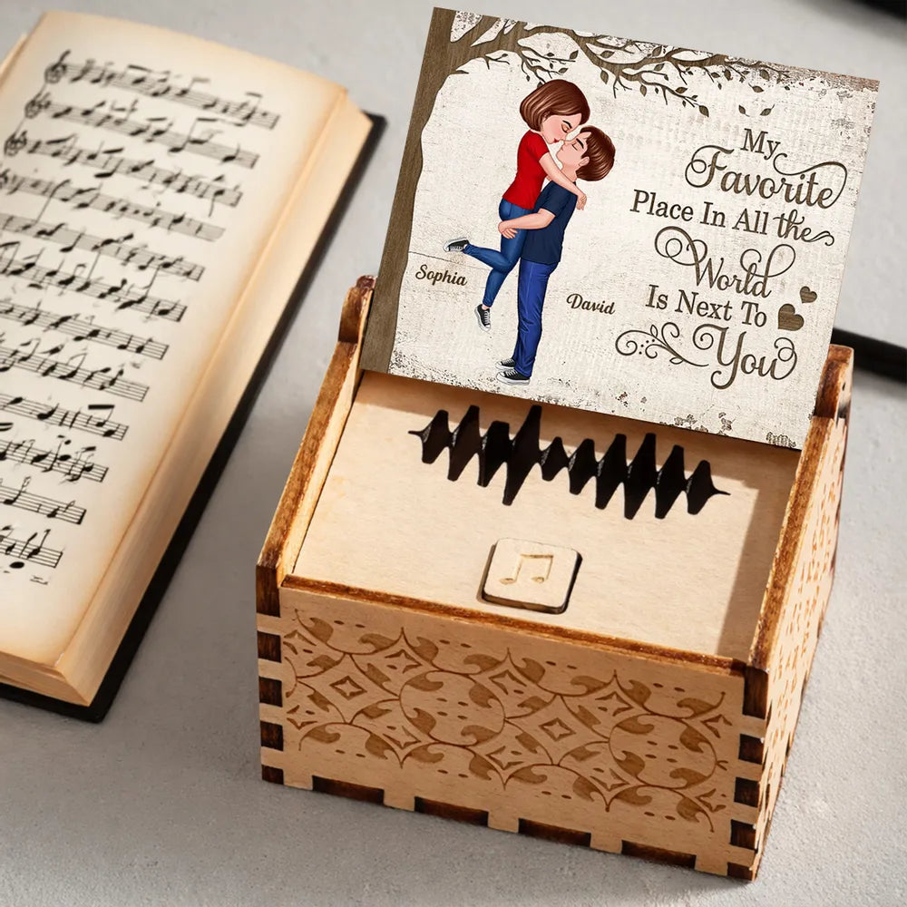 Personalized Wooden Music Box with Kissing Couple and 'My Favorite Place Is Next to You' - Unique Romantic Gift