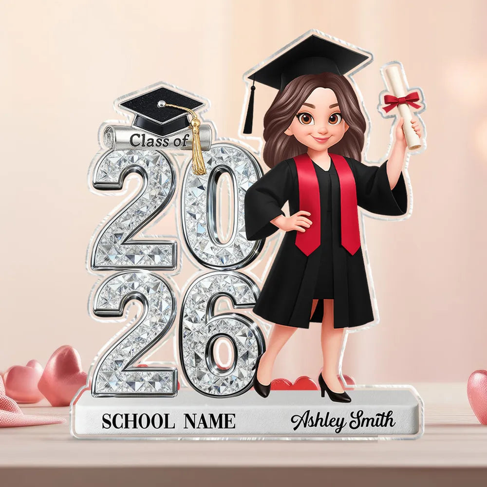 Personalized Graduation 2-Layer Wooden Plaque, Class of 2026 Cartoon Graduate Holding Diploma, Unique Gift for Her Him