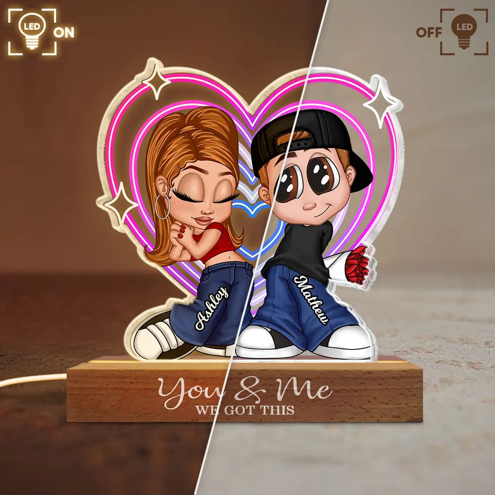 Personalized Shaped Acrylic Block LED Plaque Cute Cartoon Couple in Heart Glow Romantic Unique Gift for Girlfriend or Boyfriend