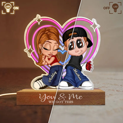 Personalized Shaped Acrylic Block LED Plaque Cute Cartoon Couple in Heart Glow Romantic Unique Gift for Girlfriend or Boyfriend