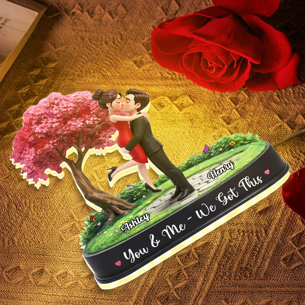 Personalized Acrylic Light Box Kissing Couple Under Pink Tree Night Sky, Warm Glow Unique Romantic Gift for Her or Him