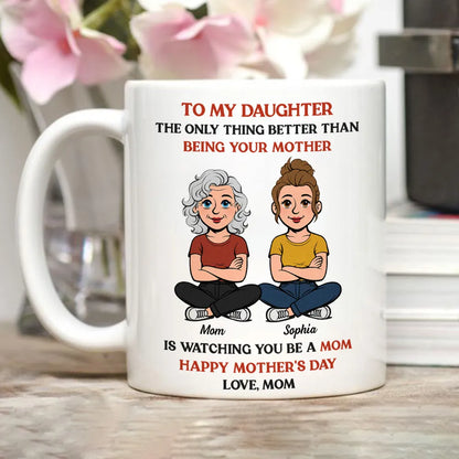 Personalized Mother-Daughter Cartoon White Ceramic Mug, Custom Names Look, Unique Mother's Day Gift for Mom