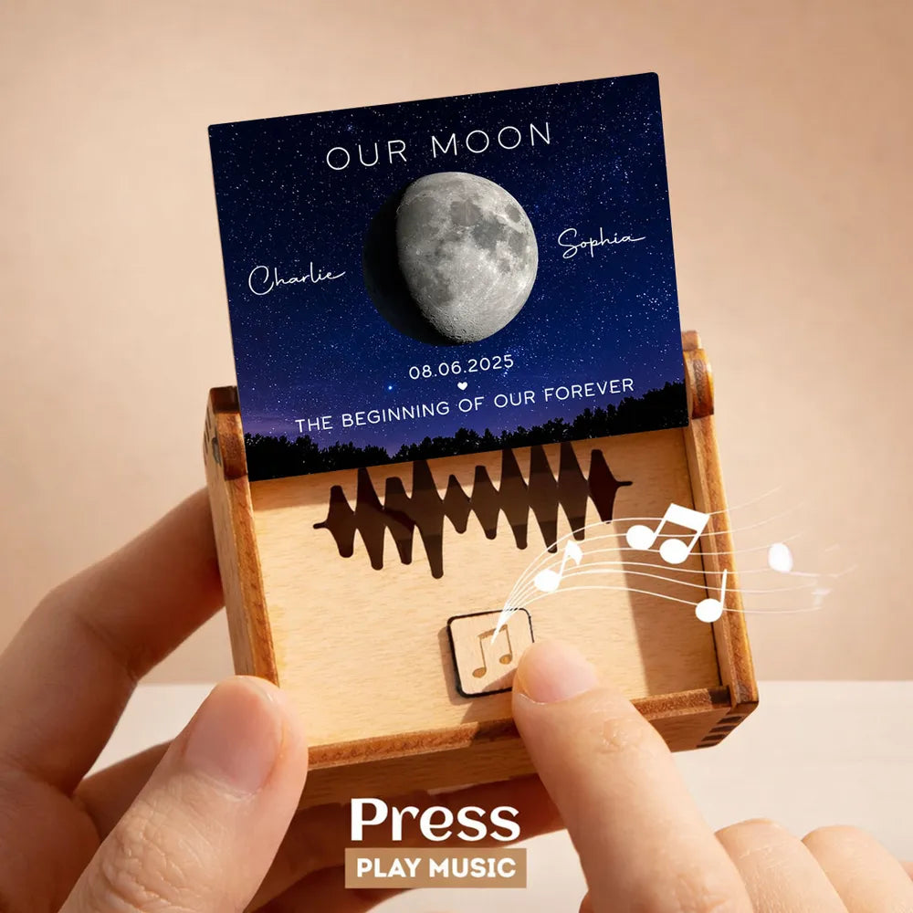 Personalized Moon Phase Wooden Music Box with Your Song, Starry Night Keepsake, Unique Romantic Gift for Couples