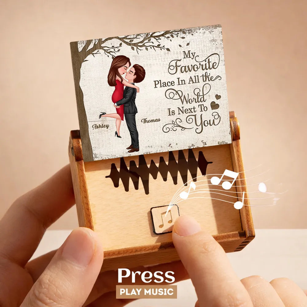 Personalized Wooden Music Box with Kissing Couple and 'My Favorite Place Is Next to You' - Unique Romantic Gift