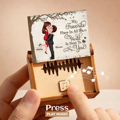 Personalized Wooden Music Box with Kissing Couple and 'My Favorite Place Is Next to You' - Unique Romantic Gift