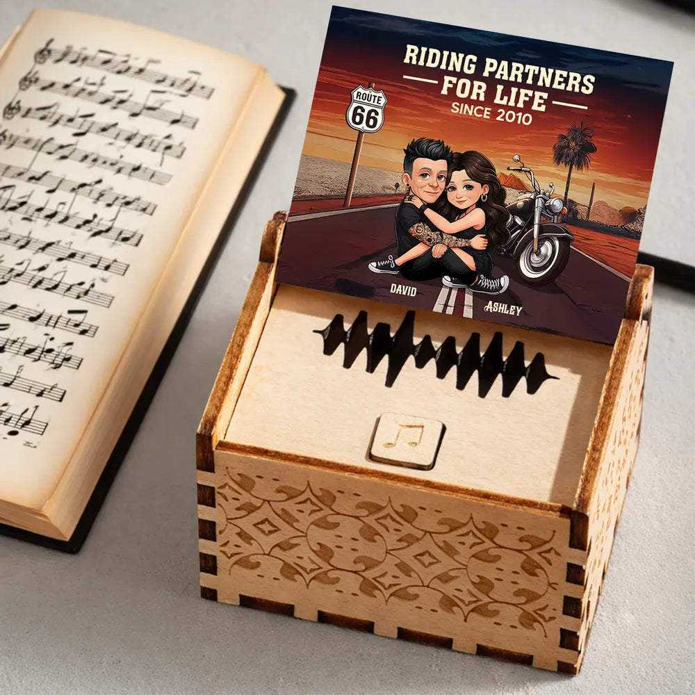 Personalized Wooden Music Box, Riding Partners For Life Couple Hugging by Motorcycle Sunset, Unique Gift for Husband or Wife