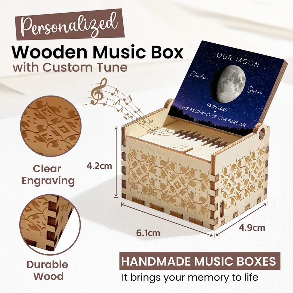 Personalized Moon Phase Wooden Music Box with Your Song, Starry Night Keepsake, Unique Romantic Gift for Couples
