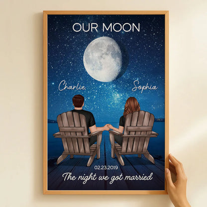 Personalized Moon Poster, Couple Holding Hands by the Ocean at Night, Unique Romantic Gift for Her or Him
