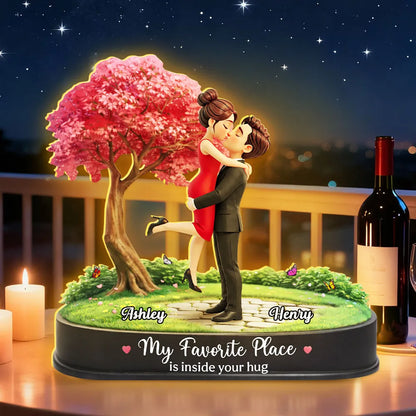 Personalized Acrylic Light Box Kissing Couple Under Pink Tree Night Sky, Warm Glow Unique Romantic Gift for Her or Him