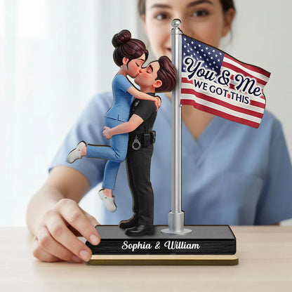 Personalized 2-Layer Wooden Plaque Hero Couple Kissing by US Flag You & Me We Got This Unique Gift for Him or Her