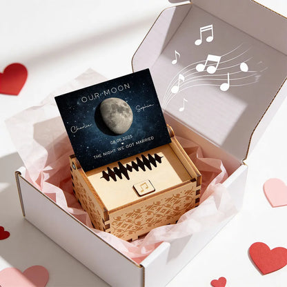Personalized Moon Phase Wooden Music Box with Your Song, Starry Night Keepsake, Unique Romantic Gift for Couples