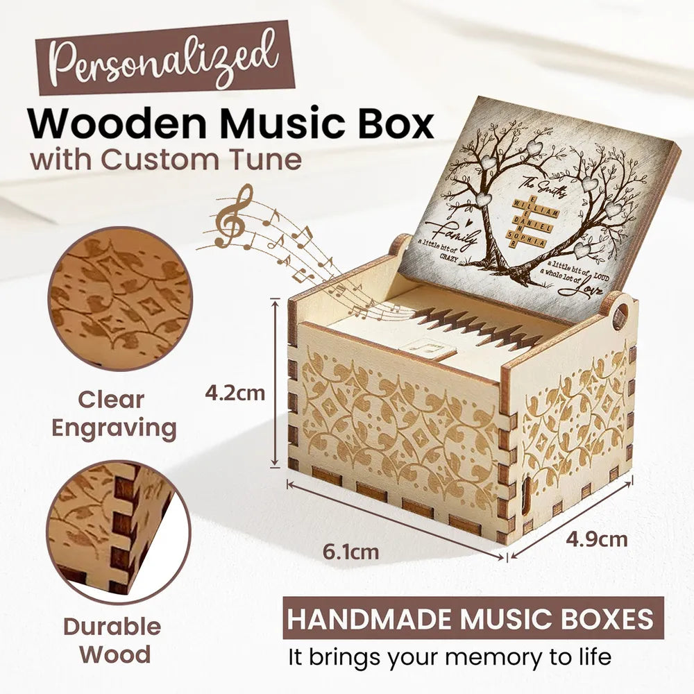 Personalized Wooden Music Box with Heart Tree Crossword Design for Family Keepsake, Unique Gift for Mom Dad Couple