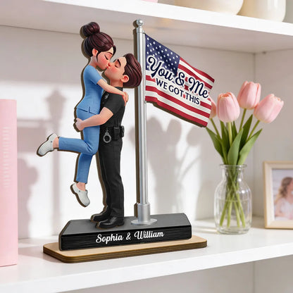 Personalized 2-Layer Wooden Plaque Hero Couple Kissing by US Flag You & Me We Got This Unique Gift for Him or Her